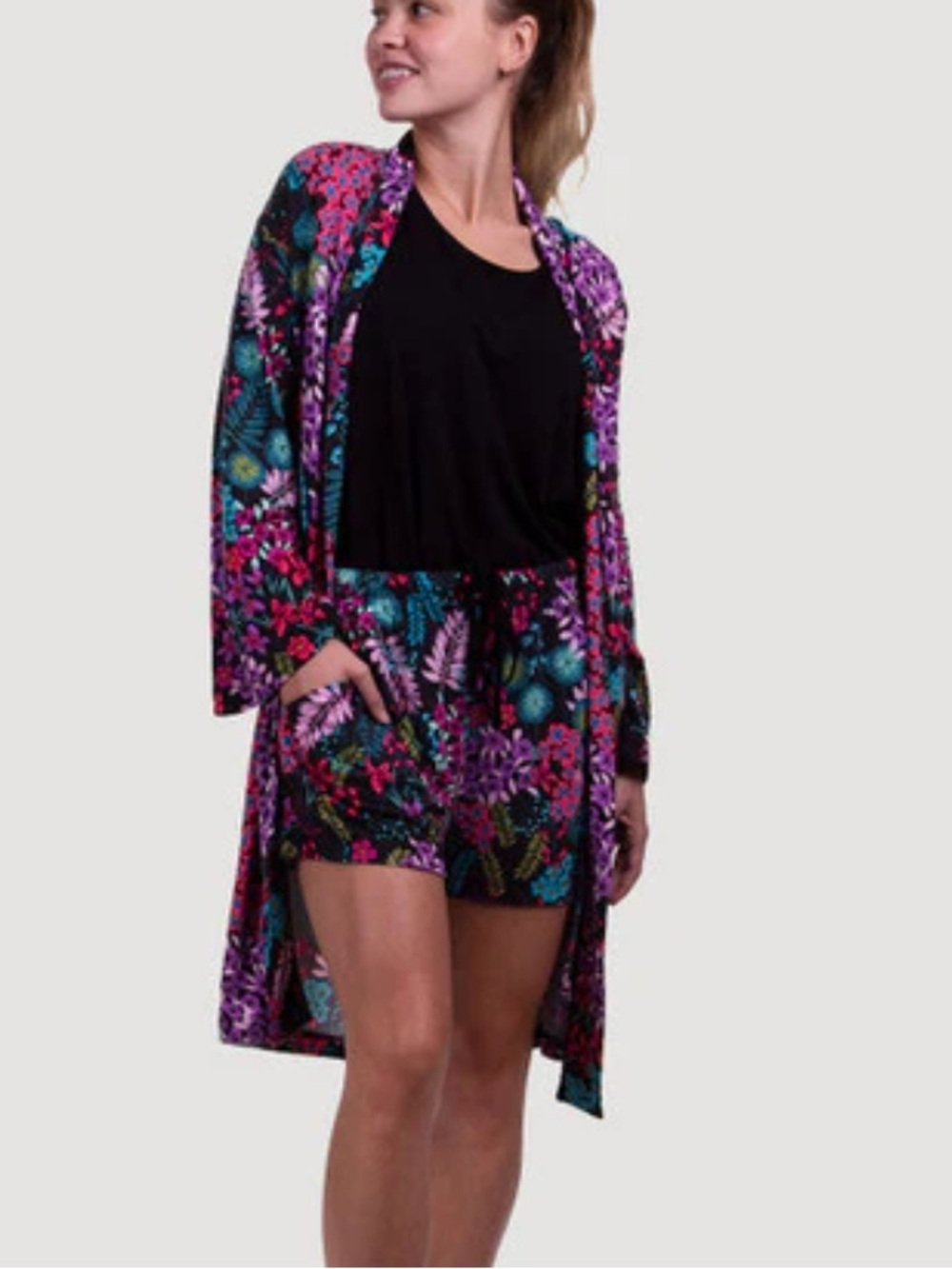 Josie Natori Jersey Knit Robe Kimono Blooming Moody Florals Bedtime Night Large